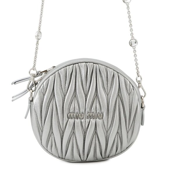 MIUMIU Matelassé Round Shoulder Bag Leather Silver 5BH191 - Picture 1 of 9